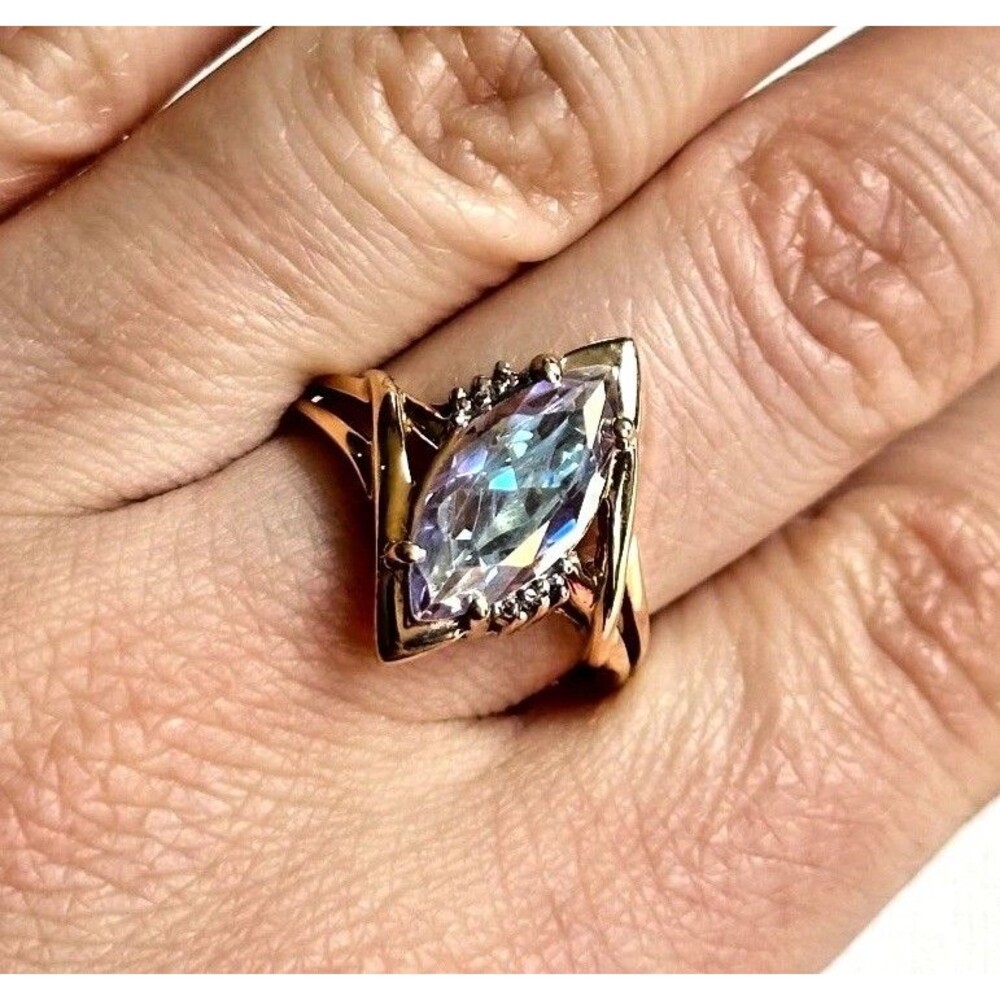 10k Yellow Gold sz 10 Mystic Rainbow Topaz Marquise Cocktail Ring Statement 4g